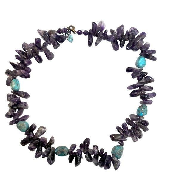 AMETHYST TURQUOISE NATURAL NUGGET necklace STERLING silver clasp - Picture 10 of 10